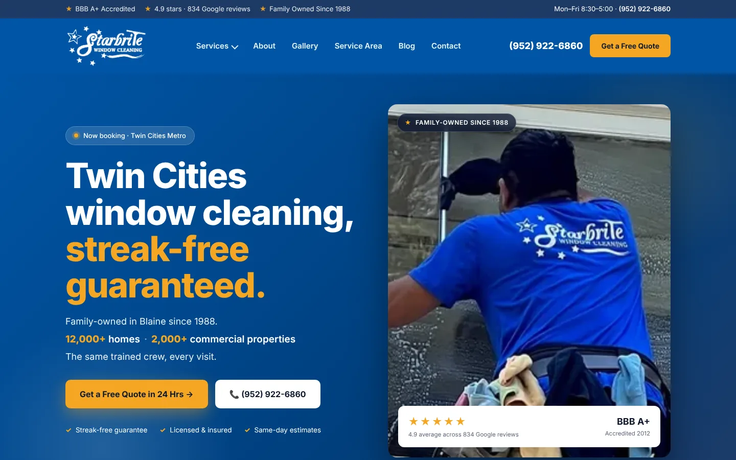 Starbrite Window Cleaning homepage featuring a window cleaning technician in the Twin Cities