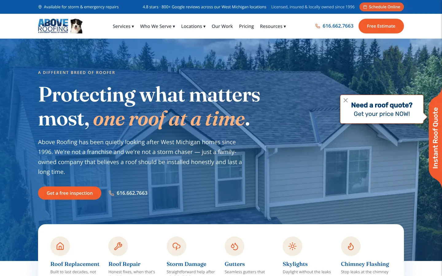 Above Roofing homepage featuring a West Michigan home and roofing services