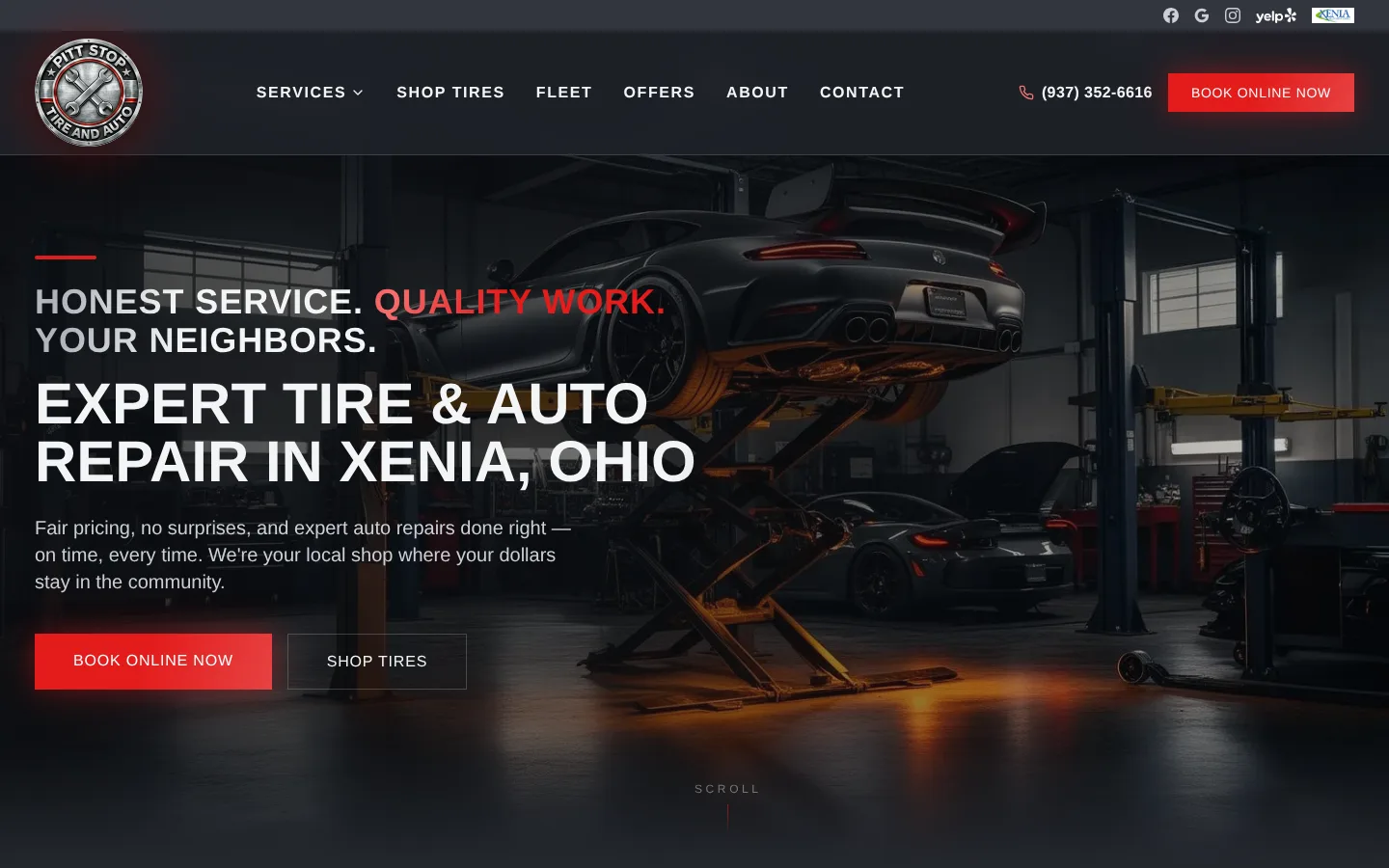 Pitt Stop Tire & Auto homepage featuring a vehicle on a lift in an auto repair shop in Xenia, Ohio