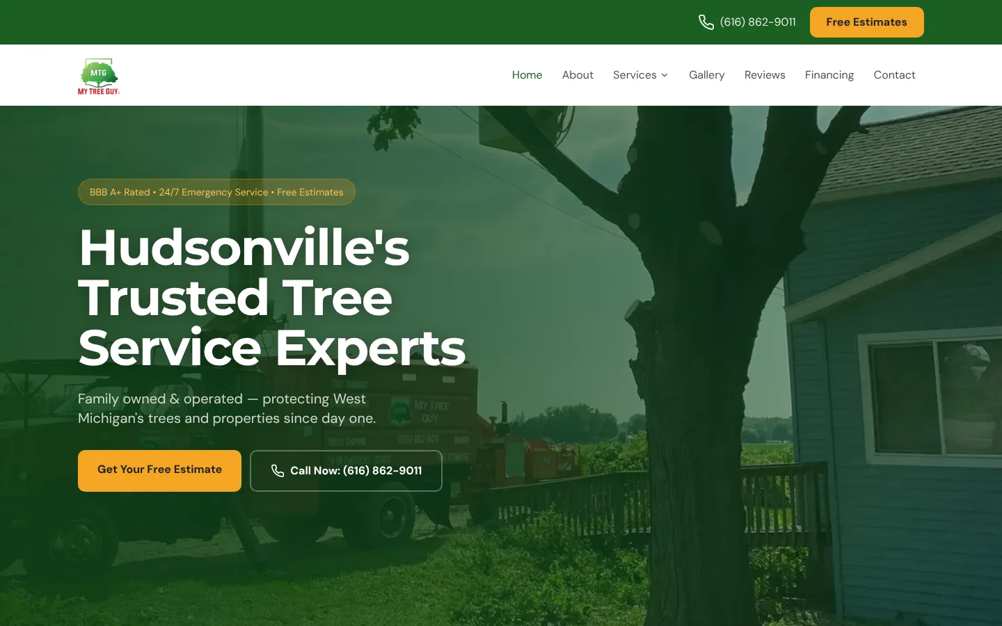 My Tree Guy homepage featuring tree service work in Hudsonville, Michigan
