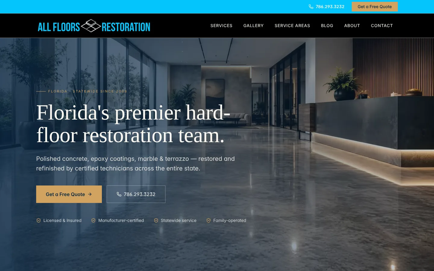 All Floors Restoration homepage featuring polished hard flooring in a modern Florida interior