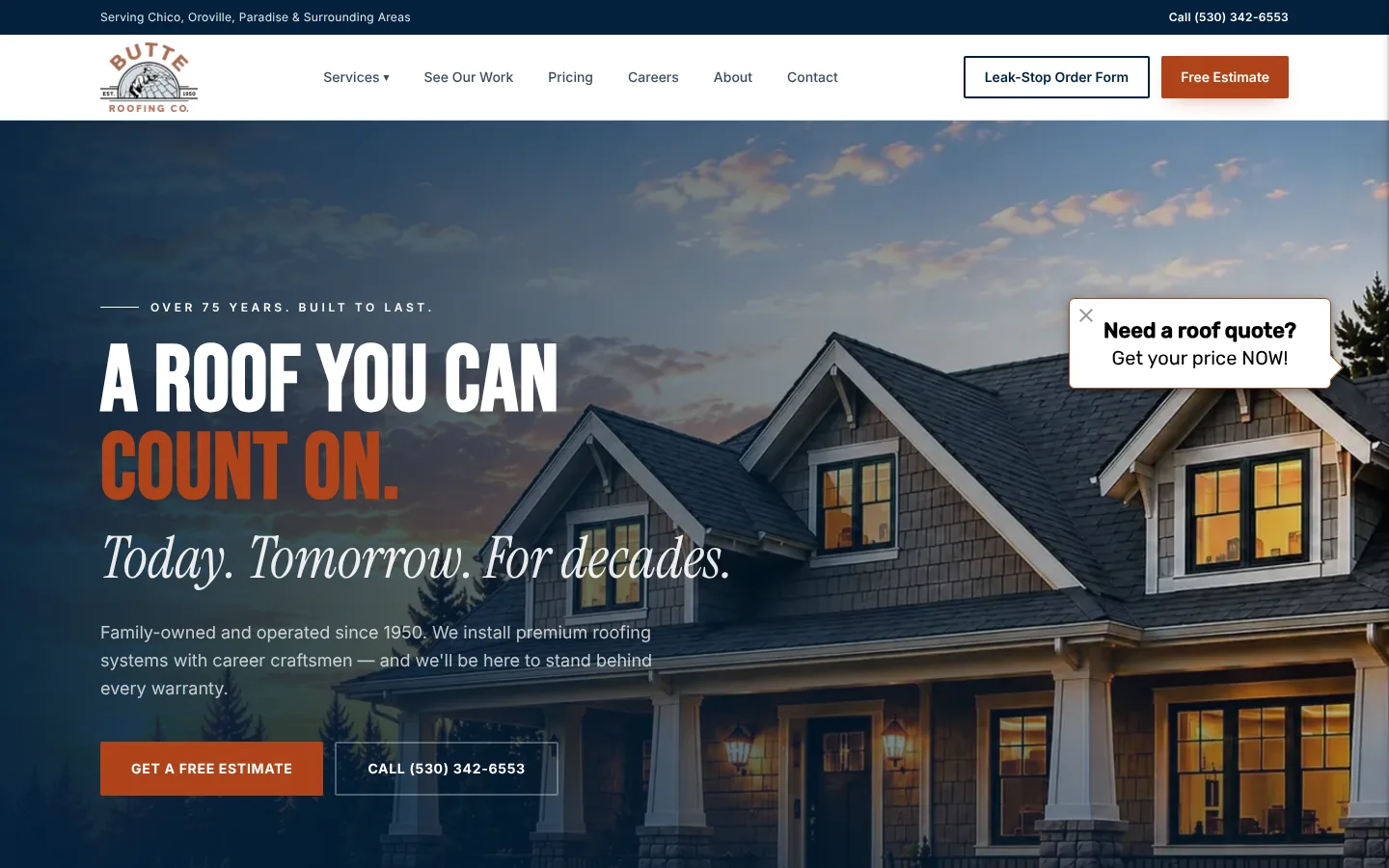 Butte Roofing Co. homepage featuring a farmhouse roof and roofing services in Chico