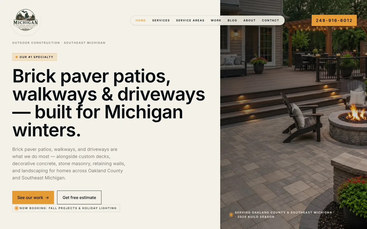 Michigan Outdoor Creations homepage featuring a brick paver patio, deck, and fire pit