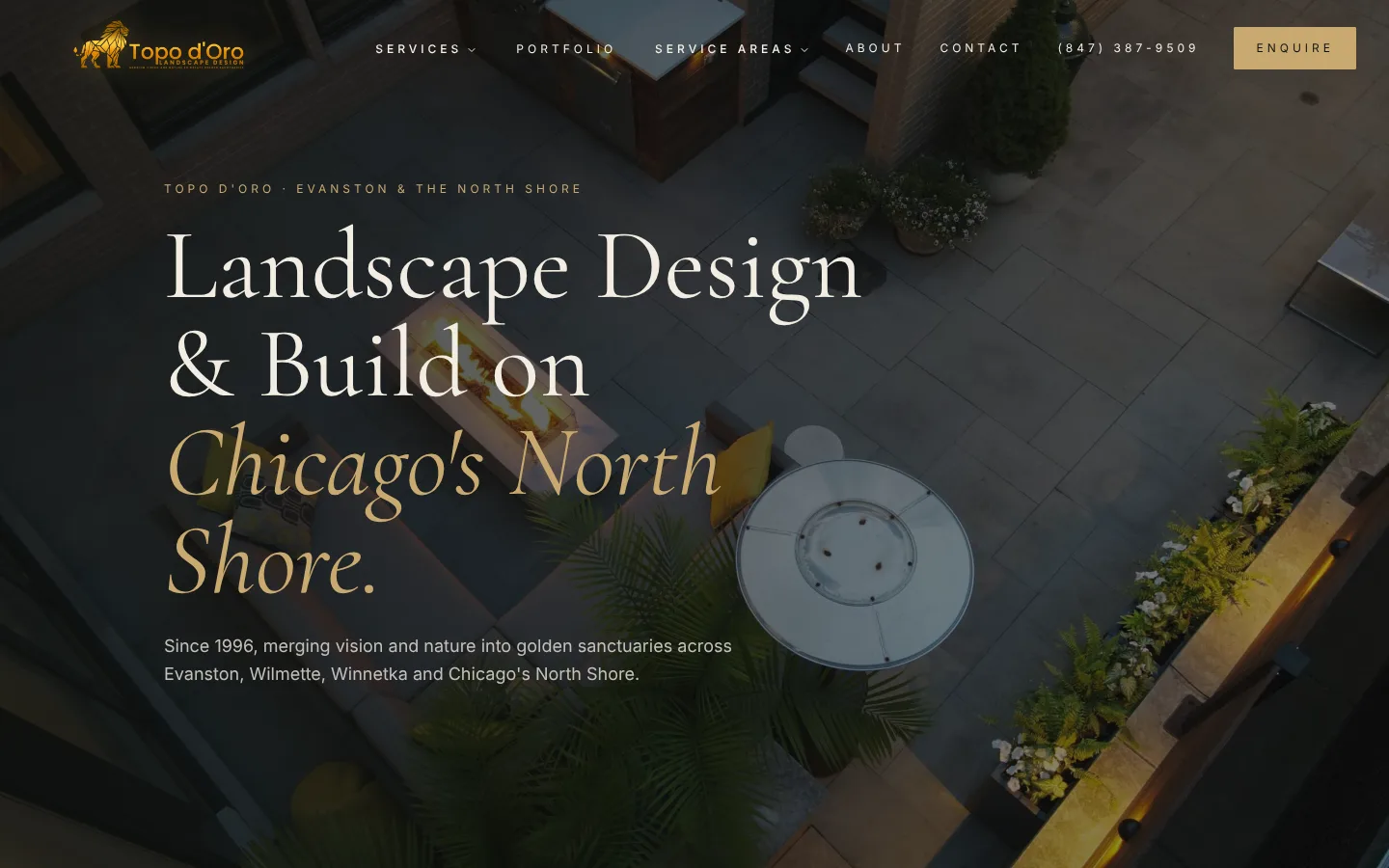 Topo d'Oro Landscape Design homepage featuring a landscaped patio on Chicago's North Shore