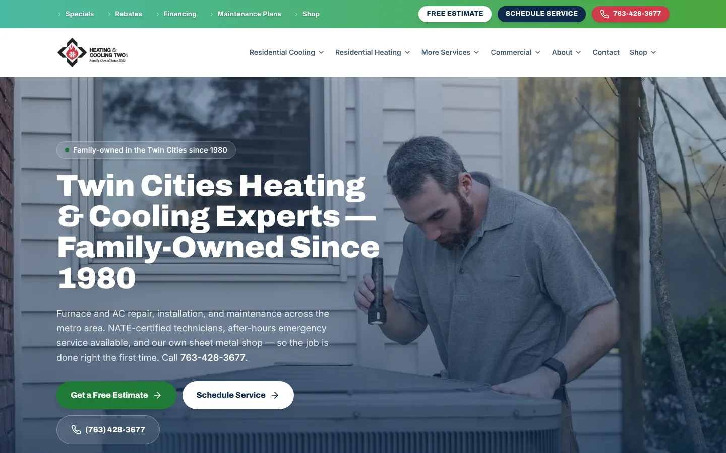 Heating & Cooling Two homepage featuring an HVAC technician and Twin Cities heating and cooling services