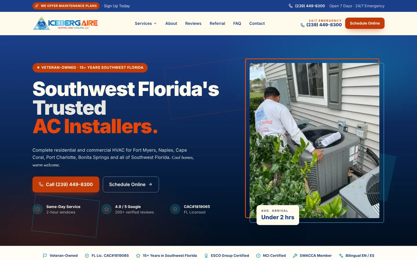 Iceberg Aire Heating & Cooling homepage featuring an air conditioning technician in Southwest Florida